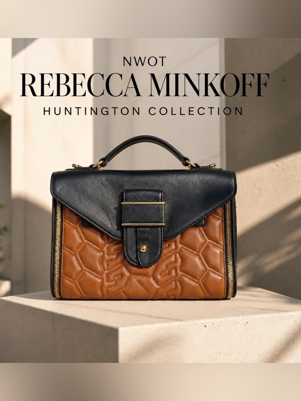 NWOT Rebecca Minkoff Two-Tone Black & Brown leather Huntington Top-Handle Satche